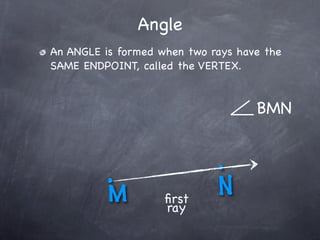 Angle
An ANGLE is formed when two rays have the
SAME ENDPOINT, called the VERTEX.


                                    BMN



          .                  .
          M         ﬁrst
                             N
                    ray
 
