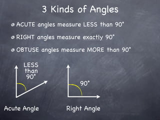 3 Kinds of Angles
   ACUTE angles measure LESS than 90˚

   RIGHT angles measure exactly 90˚

   OBTUSE angles measure MORE than 90˚

      LESS
      than
       90˚
                       90˚


Acute Angle        Right Angle
 