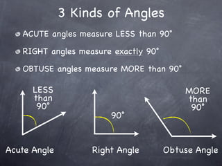 3 Kinds of Angles
   ACUTE angles measure LESS than 90˚

   RIGHT angles measure exactly 90˚

   OBTUSE angles measure MORE than 90˚

      LESS                                MORE
      than                                than
       90˚                                 90˚
                       90˚


Acute Angle        Right Angle        Obtuse Angle
 