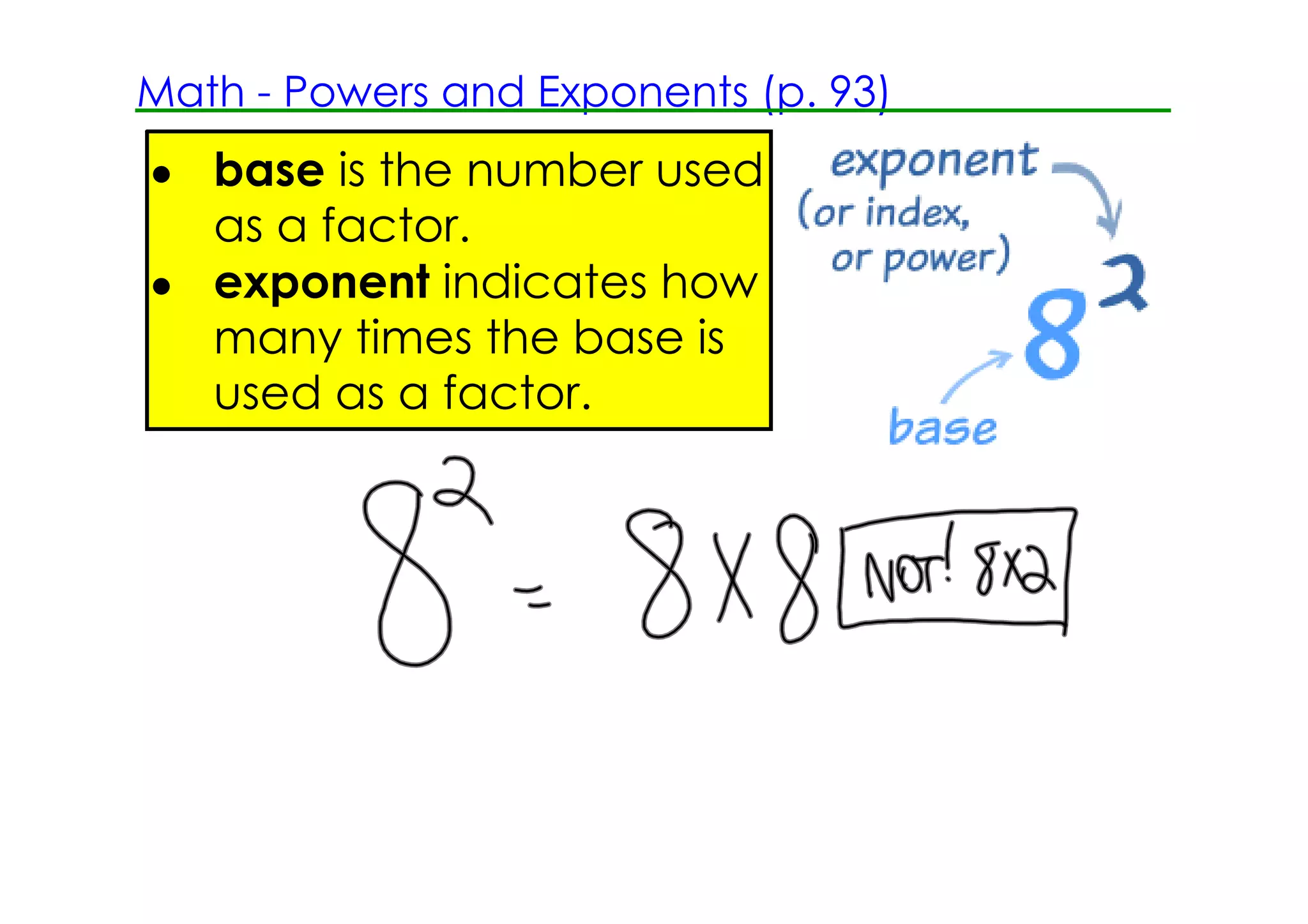 Math ­ Powers and Exponents (p. 93)
• base is the number used
  as a factor.
• exponent indicates how
  many times the base is
  used as a factor.
 