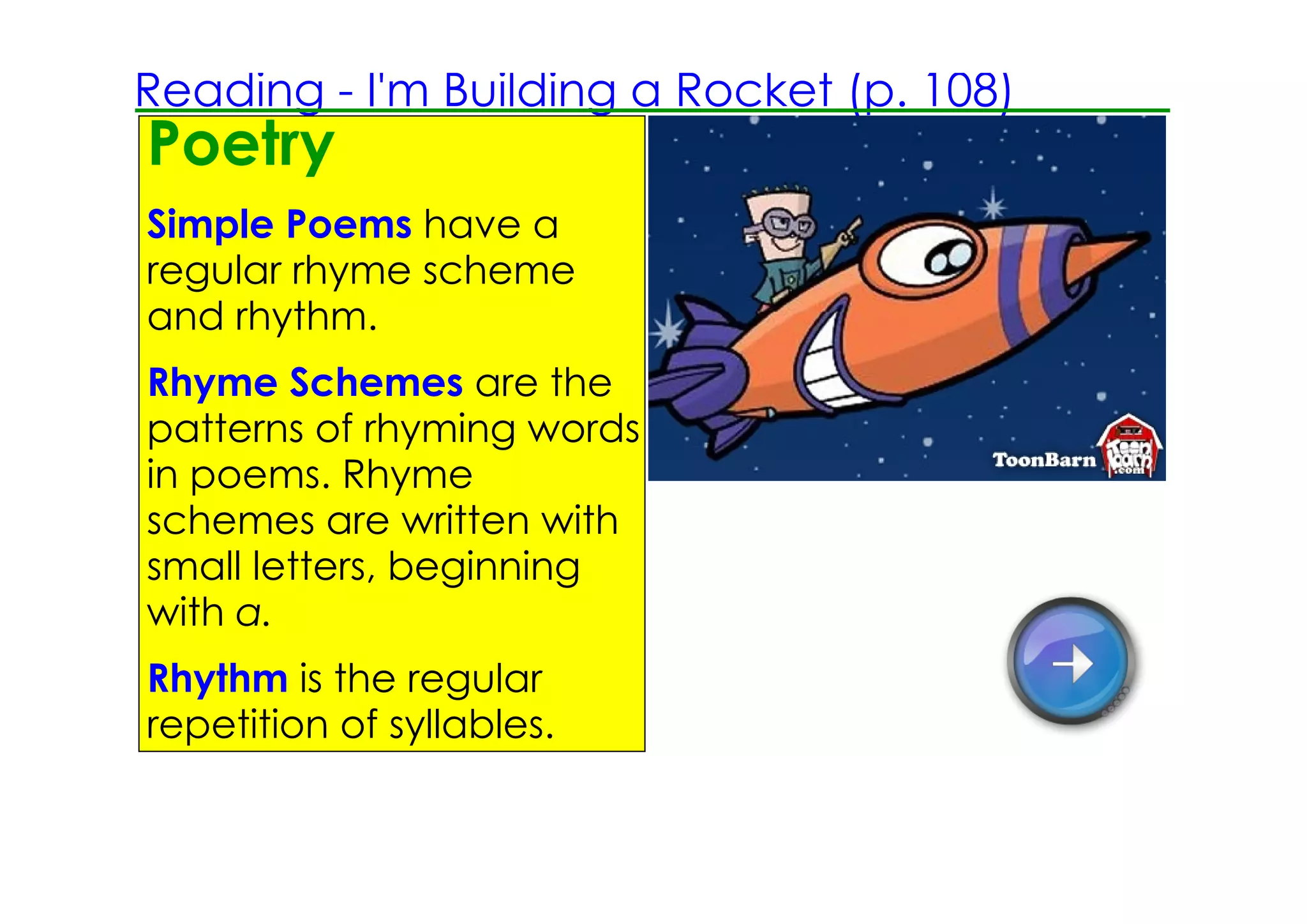 Reading ­ I'm Building a Rocket (p. 108)
Poetry
Simple Poems have a
regular rhyme scheme
and rhythm.
Rhyme Schemes are the
patterns of rhyming words
in poems. Rhyme
schemes are written with
small letters, beginning
with a.
Rhythm is the regular
repetition of syllables.
 