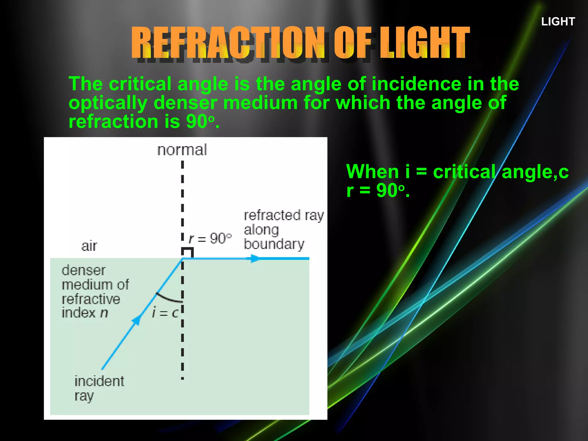 LIGHT The critical angle is the angle of incidence in the optically denser medium for which the angle of refraction is 90 o . When i = critical angle,c r = 90 o . REFRACTION OF LIGHT 