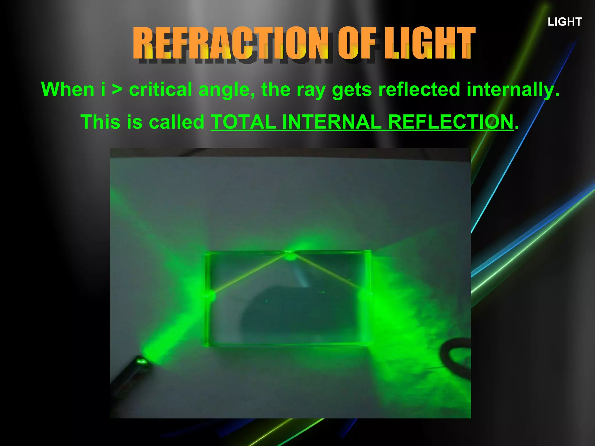 LIGHT This is called  TOTAL INTERNAL REFLECTION . When i > critical angle, the ray gets reflected internally. REFRACTION OF LIGHT 