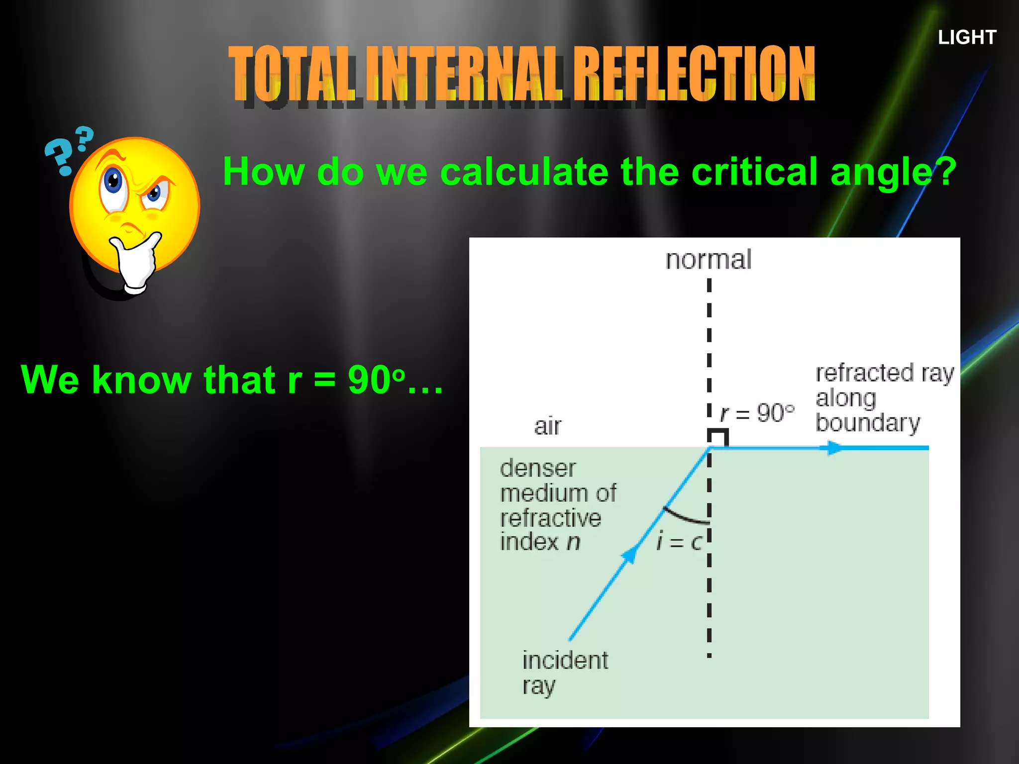 LIGHT How do we calculate the critical angle? TOTAL INTERNAL REFLECTION We know that r = 90 o … 