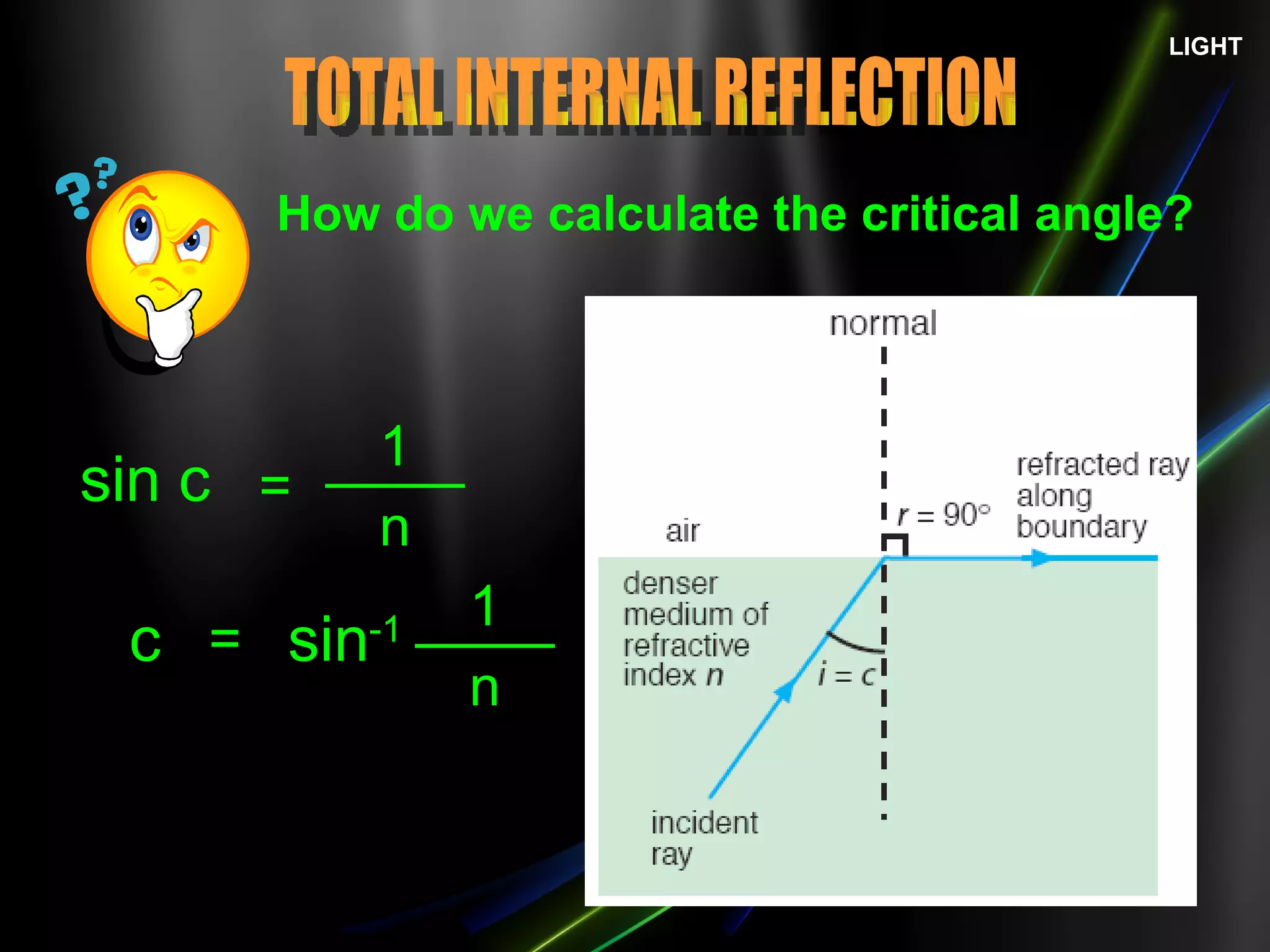 LIGHT How do we calculate the critical angle? TOTAL INTERNAL REFLECTION n = sin c = c 1 sin -1 n 1 