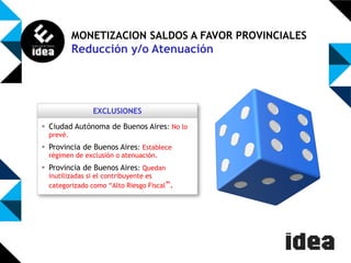 MONETIZACION SALDOS A FAVOR PROVINCIALES

Reducción y/o Atenuación

EXCLUSIONES
 Ciudad Autónoma de Buenos Aires: No lo
prevé.

 Provincia de Buenos Aires: Establece
régimen de exclusión o atenuación.

 Provincia de Buenos Aires: Quedan

inutilizadas si el contribuyente es
categorizado como “Alto Riesgo Fiscal”.

 