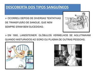 DESCOBERTA DOS TIPOS SANGUÍNEOS
 OCORREU DEPOIS DE DIVERSAS TENTATIVAS
DE TRANSFUSÃO DE SANGUE, QUE NEM
SEMPRE ERAM BEM SUCEDIDAS;
 EM 1900, LANDSTEINER: GLÓBULOS VERMELHOS SE AGLUTINAVAM
QUANDO MISTURADOS AO SORO OU PLASMA DE OUTRAS PESSOAS;
 