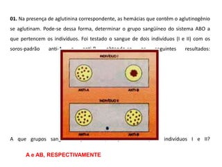01. Na presença de aglutinina correspondente, as hemácias que contêm o aglutinogênio
se aglutinam. Pode-se dessa forma, determinar o grupo sangüíneo do sistema ABO a
que pertencem os indivíduos. Foi testado o sangue de dois indivíduos (I e II) com os
soros-padrão anti-A e anti-B, obtendo-se os seguintes resultados:
A que grupos sangüíneos pertencem, respectivamente, os indivíduos I e II?
A e AB, RESPECTIVAMENTE
 