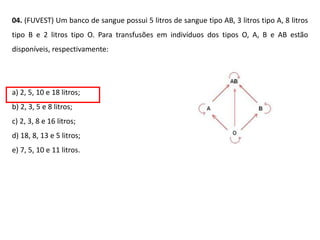 04. (FUVEST) Um banco de sangue possui 5 litros de sangue tipo AB, 3 litros tipo A, 8 litros
tipo B e 2 litros tipo O. Para transfusões em indivíduos dos tipos O, A, B e AB estão
disponíveis, respectivamente:
a) 2, 5, 10 e 18 litros;
b) 2, 3, 5 e 8 litros;
c) 2, 3, 8 e 16 litros;
d) 18, 8, 13 e 5 litros;
e) 7, 5, 10 e 11 litros.
 