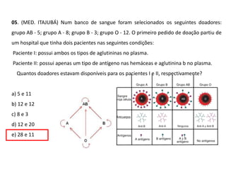 05. (MED. ITAJUBÁ) Num banco de sangue foram selecionados os seguintes doadores:
grupo AB - 5; grupo A - 8; grupo B - 3; grupo O - 12. O primeiro pedido de doação partiu de
um hospital que tinha dois pacientes nas seguintes condições:
Paciente I: possui ambos os tipos de aglutininas no plasma.
Paciente II: possui apenas um tipo de antígeno nas hemáceas e aglutinina b no plasma.
Quantos doadores estavam disponíveis para os pacientes I e II, respectivamente?
a) 5 e 11
b) 12 e 12
c) 8 e 3
d) 12 e 20
e) 28 e 11
 
