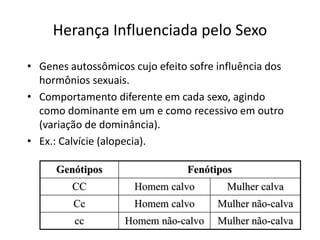 Herança Influenciada pelo Sexo
• Genes autossômicos cujo efeito sofre influência dos
hormônios sexuais.
• Comportamento diferente em cada sexo, agindo
como dominante em um e como recessivo em outro
(variação de dominância).
• Ex.: Calvície (alopecia).
Genótipos Fenótipos
CC Homem calvo Mulher calva
Cc Homem calvo Mulher não-calva
cc Homem não-calvo Mulher não-calva
 