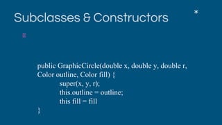 Subclasses & Constructors
Defined constructor can invoke base class constructor
with super:
*
public GraphicCircle(double x, double y, double r,
Color outline, Color fill) {
super(x, y, r);
this.outline = outline;
this fill = fill
}
 