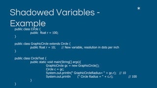 Shadowed Variables -
Example
*
public class Circle {
public float r = 100;
}
public class GraphicCircle extends Circle {
public float r = 10; // New variable, resolution in dots per inch
}
public class CircleTest {
public static void main(String[] args){
GraphicCircle gc = new GraphicCircle();
Circle c = gc;
System.out.println(“ GraphicCircleRadius= “ + gc.r); // 10
System.out.println (“ Circle Radius = “ + c.r); // 100
}
}
 