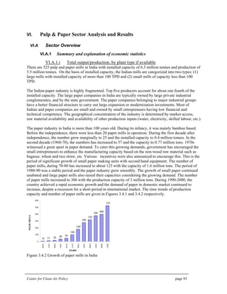 Center for Clean Air Policy page 93
VI. Pulp & Paper Sector Analysis and Results
VI.A Sector Overview
VI.A.1 Summary and explanation of economic statistics
VI.A.1.i Total output/production, by plant type if available
There are 525 pulp and paper mills in India with installed capacity of 6.5 million tonnes and production of
5.5 million tonnes. On the basis of installed capacity, the Indian mills are categorized into two types: (1)
large mills with installed capacity of more than 100 TPD and (2) small mills of capacity less than 100
TPD.
The Indian paper industry is highly fragmented. Top five producers account for about one fourth of the
installed capacity. The large paper companies in India are typically owned by large private industrial
conglomerates, and by the state government. The paper companies belonging to major industrial groups
have a better financial structure to carry out large expansion or modernization investments. Most of
Indian and paper companies are small and owned by small entrepreneurs having low financial and
technical competence. The geographical concentration of the industry is determined by market access,
raw material availability and availability of other production inputs (water, electricity, skilled labour, etc.).
The paper industry in India is more than 100 years old. During its infancy, it was mainly bamboo based.
Before the independence, there were less than 20 paper mills in operation. During the first decade after
independence, the number grew marginally to 25 and the installed capacity to 0.4 million tonnes. In the
second decade (1960-70), the numbers has increased to 57 and the capacity to 0.77 million tons. 1970s
witnessed a great spurt in paper demand. To cater this growing demands, government has encouraged the
small entrepreneurs to enhance the manufacturing capacity based on the non-wood raw material such as
bagasse, wheat and rice straw, etc. Various incentives were also announced to encourage this. This is the
period of significant growth of small paper making units with second hand equipment. The number of
paper mills, during 70-80 has increased to about 123 with the capacity of 1.6 million tons. The period of
1980-90 was a stable period and the paper industry grew smoothly. The growth of small paper continued
unabated and large paper mills also raised their capacities considering the growing demand. The number
of paper mills increased to 306 with the production capacity of 3 million tons. During 1990-2000, the
country achieved a rapid economic growth and the demand of paper in domestic market continued to
increase, despite a recession for a short period in international market. The time trends of production
capacity and number of paper mills are given in Figures 3.4.1 and 3.4.2 respectively.
10 15 20 40 50
100
180
280
320
380
400
525
0
100
200
300
400
500
600
1950
1955
1960
1965
1970
1975
1980
1985
1990
1995
2000
2003
YEARS
NO.OFMILLS
Figure 3.4.2 Growth of paper mills in India
 