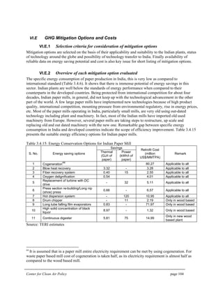 Center for Clean Air Policy page 104
VI.E GHG Mitigation Options and Costs
VI.E.1 Selection criteria for consideration of mitigation options
Mitigation options are selected on the basis of their applicability and suitability to the Indian plants, status
of technology around the globe and possibility of technology transfer to India. Finally availability of
reliable data on energy saving potential and cost is also key issue for short listing of mitigation options.
VI.E.2 Overview of each mitigation option evaluated
The specific energy consumption of paper production in India, this is very low as compared to
international standard (Table 3.4.6). It shows that there is immense potential of energy savings in this
sector. Indian plants are well below the standards of energy performance when compared to their
counterparts in the developed countries. Being protected from international competition for about four
decades, Indian paper mills, in general, did not keep up with the technological advancement in the other
part of the world. A few large paper mills have implemented new technologies because of high product
quality, international competition, mounting pressure from environmental regulatory, rise in energy prices,
etc. Most of the paper mills operating in India, particularly small mills, are very old using out-dated
technology including plant and machinery. In fact, most of the Indian mills have imported old used
machinery from Europe. However, several paper mills are taking steps to restructure, up scale and
replacing old and out dated machinery with the new one. Remarkable gap between specific energy
consumption in India and developed countries indicate the scope of efficiency improvement. Table 3.4.15
presents the suitable energy efficiency options for Indian paper mills.
Table 3.4.15: Energy Conservation Options for Indian Paper Mill
Savings
S. No. Energy saving options
Thermal
(GJ/t of
paper)
Power
(kWh/t of
paper)
Retrofit Cost
(million
US$/MMTPA)
Remark
1 Cogeneration
44
80.27 Applicable to all
2 Blow heat recovery 3.32 - 3.28 Applicable to all
3 Fiber recovery system 0.40 15 2.55 Applicable to all
4 Oxygen delignification 0.54 4.01 Applicable to all
5
Replacement of turbine with DC
drive
- 32 5.11 Applicable to all
6
Press section re-building/Long nip
(shoe) press
0.66 - 6.57 Applicable to all
7 Hot dispersion system - 120 10.95 Applicable to all
8 Drum chipper - 11 2.19 Only in wood based
9 Long tube falling film evaporators 0.83 - 71.97 Only in wood based
10
High solid concentration of black
liquor
8.97 - 1.32 Only in wood based
11 Continuous digester 5.81 75 14.99
Only in new wood
based plant
Source: TERI estimates
44
It is assumed that in a paper mill entire electricity requirement can be met by using cogeneration. For
waste paper based mill cost of cogeneration is taken half, as its electricity requirement is almost half as
compared to the wood based mill.
 