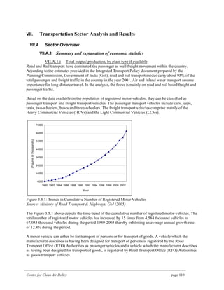 Center for Clean Air Policy page 110
VII. Transportation Sector Analysis and Results
VII.A Sector Overview
VII.A.1 Summary and explanation of economic statistics
VII.A.1.i Total output/ production, by plant type if available
Road and Rail transport have dominated the passenger as well freight movement within the country.
According to the estimates provided in the Integrated Transport Policy document prepared by the
Planning Commission, Government of India (GoI), road and rail transport modes carry about 95% of the
total passenger and freight traffic in the country in the year 2001. Air and Inland water transport assume
importance for long-distance travel. In the analysis, the focus is mainly on road and rail based freight and
passenger traffic.
Based on the data available on the population of registered motor vehicles, they can be classified as
passenger transport and freight transport vehicles. The passenger transport vehicles include cars, jeeps,
taxis, two-wheelers, buses and three-wheelers. The freight transport vehicles comprise mainly of the
Heavy Commercial Vehicles (HCVs) and the Light Commercial Vehicles (LCVs).
4000
14000
24000
34000
44000
54000
64000
74000
1980 1982 1984 1986 1988 1990 1992 1994 1996 1998 2000 2002
Year
(Figuresinthousands)
Figure 3.5.1: Trends in Cumulative Number of Registered Motor Vehicles
Source: Ministry of Road Transport & Highways, GoI (2005)
The Figure 3.5.1 above depicts the time-trend of the cumulative number of registered motor-vehicles. The
total number of registered motor vehicles has increased by 15 times from 4,584 thousand vehicles to
67,033 thousand vehicles during the period 1980-2003 thereby exhibiting an average annual growth rate
of 12.4% during the period.
A motor vehicle can either be for transport of persons or for transport of goods. A vehicle which the
manufacturer describes as having been designed for transport of persons is registered by the Road
Transport Office (RTO) Authorities as passenger vehicles and a vehicle which the manufacturer describes
as having been designed for transport of goods, is registered by Road Transport Office (RTO) Authorities
as goods transport vehicles.
 
