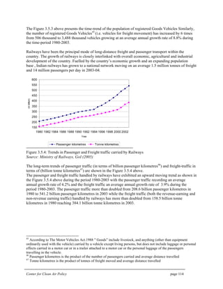 Center for Clean Air Policy page 114
The Figure 3.5.3 above presents the time-trend of the population of registered Goods Vehicles Similarly,
the number of registered Goods Vehicles45
(i.e. vehicles for freight movement) has increased by 6 times
from 506 thousand to 3,488 thousand vehicles growing at an average annual growth rate of 8.8% during
the time-period 1980-2003.
Railways have been the principal mode of long-distance freight and passenger transport within the
country. The growth of railways is closely interlinked with overall economic, agricultural and industrial
development of the country. Fuelled by the country’s economic growth and an expanding population
base , Indian railways has grown to a national network moving on an average 1.5 million tonnes of freight
and 14 million passengers per day in 2003-04.
150
200
250
300
350
400
450
500
550
600
1980 1982 1984 1986 1988 1990 1992 1994 1996 1998 2000 2002
Year
(inbillion)
Passenger kilometres Tonne kilometres
Figure 3.5.4: Trends in Passenger and Freight traffic carried by Railways
Source: Ministry of Railways, GoI (2005)
The long-term trends of passenger traffic (in terms of billion passenger kilometres46
) and freight-traffic in
terms of (billion tonne kilometres47
) are shown in the Figure 3.5.4 above.
The passenger and freight traffic handled by railways have exhibited an upward moving trend as shown in
the Figure 3.5.4 above during the period 1980-2003 with the passenger traffic recording an average
annual growth rate of 4.2% and the freight traffic an average annual growth rate of 3.9% during the
period 1980-2003. The passenger traffic more than doubled from 208.6 billion passenger kilometres in
1980 to 541.2 billion passenger kilometres in 2003 while the freight traffic (both the revenue-earning and
non-revenue earning traffic) handled by railways has more than doubled from 158.5 billion tonne
kilometres in 1980 reaching 384.1 billion tonne kilometres in 2003.
45
According to The Motor Vehicles Act.1988 ” Goods” include livestock, and anything (other than equipment
ordinarily used with the vehicle) carried by a vehicle except living persons, but does not include luggage or personal
effects carried in a motor car or in a trailer attached to a motor car or the personal luggage of the passengers
travelling in the vehicle.
46
Passenger kilometres is the product of the number of passengers carried and average distance travelled
47
Tonne kilometres is the product of tonnes of freight moved and average distance travelled
 