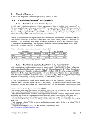 Center for Clean Air Policy page 5
II. Country Overview
In this section, we provide a brief description of key statistics of India.
II.A Population & Economy2
, and Emissions
II.A.1 Population & Gross Domestic Product
In 2000, India’s population was about 1 billion, accounting for about 17% of the world population.3
In
that same year, India’s gross domestic product (GDP) was approximately US $457 billion, accounting for
1% of the world economy. Indian GDP per capita was about $450 in 2000, which is less than one tenth of
the world GDP per capita of $5,217. Indian GDP in terms of power purchasing parity was higher, at $2.5
trillion, accounting for 5% of the world economy (see Table 1.1.)
Service4
sector contributed the largest share of value added to the Indian national economy in 2000: its
$304 billion accounted for 49% of the economy-wide value added. Industry5
sector of 111 billion USD
attributed 27% of the national value added, followed by agricultural6
sector of $103 billion attributing
25% of the national value added. The global shares of Indian economy in these sectors were 2% for
services, 1% for industry, and 9% for agriculture.
Table 1.1. Population and gross domestic product of India in 2000.
Population GDP GDP per capita
Billion % World Billion US$ % World US$ rel. % world
India 1.02 17% 457 1% 450 9%
WORLD 6.05 100% 31,573 100% 5,217 100%
Source: World Development Indicator 2005 (World Bank, 2005)
II.A.2 International Trade and Role/Position in the World Economy
India’s international trade in goods accounted for approximately 21% of its GDP7
in 2000. India was a
net importer of merchandise goods, importing about $45 billion and exporting $37 billion. Manufactures
accounted for most of the traded merchandise at 12.5% of India’s GDP, driven by more exports (7.1%)
than imports (5.4%). Fuel imports made up the next large shares of merchandise trades, accounting for
more than a third of imported merchandise and 4.1% of India’s GDP. Other traded goods were relatively
marginal, each accounting for mostly less than 1% of India’s GDP (Table 1.2).
In 2004, India produced 0.8 million barrels per day (bbl/d) of oil and consumed 2.5 million bbl/d,
importing about 1.7 million bbl/d (EIA, 2005).8
The country’s oil consumption has steadily grown in the
past, from 1.5 million bbl/d in 1994 and 2.0 million bbl/d in 1999, and is expected to continue growing to
2
In this section, all financial figures are in constant $2000.
3
Note that in this chapter and in those following, data for a given historical year (e.g., 2000) may have been taken from different
sources. Identical parameters for the same year may therefore differ in different sections.
4
Services include wholesale and retail trade (including hotels and restaurants), transport, and government, financial,
professional, and personal services such as education, health care, and real estate services (World Bank, 2005).
5
Industry includes mining, manufacturing, construction, electricity, water and gas (World Bank, 2005).
6
Agriculture includes forestry, hunting, and fishing, as well as cultivation of crops and livestock production (World
Bank, 2005).
7
Trade in goods as a share of GDP is the sum of merchandise exports and imports divided by the value of GDP, all
in current U.S. dollars.
8
Energy Information Agency (2005). US. DOE. Country Analysis Briefs: India.
http://www.eia.doe.gov/emeu/cabs/India.html
 