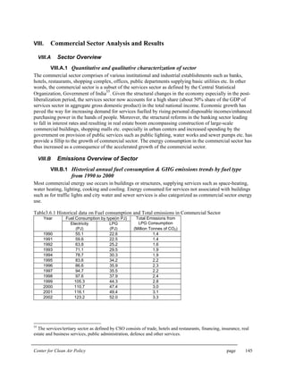 Center for Clean Air Policy page 145
VIII. Commercial Sector Analysis and Results
VIII.A Sector Overview
VIII.A.1 Quantitative and qualitative characterization of sector
The commercial sector comprises of various institutional and industrial establishments such as banks,
hotels, restaurants, shopping complex, offices, public departments supplying basic utilities etc. In other
words, the commercial sector is a subset of the services sector as defined by the Central Statistical
Organization, Government of India
55
. Given the structural changes in the economy especially in the post-
liberalization period, the services sector now accounts for a high share (about 50% share of the GDP of
services sector in aggregate gross domestic product) in the total national income. Economic growth has
paved the way for increasing demand for services fuelled by rising personal disposable incomes/enhanced
purchasing power in the hands of people. Moreover, the structural reforms in the banking sector leading
to fall in interest rates and resulting in real estate boom encompassing construction of large-scale
commercial buildings, shopping malls etc. especially in urban centers and increased spending by the
government on provision of public services such as public lighting, water works and sewer pumps etc. has
provide a fillip to the growth of commercial sector. The energy consumption in the commercial sector has
thus increased as a consequence of the accelerated growth of the commercial sector.
VIII.B Emissions Overview of Sector
VIII.B.1 Historical annual fuel consumption & GHG emissions trends by fuel type
from 1990 to 2000
Most commercial energy use occurs in buildings or structures, supplying services such as space-heating,
water heating, lighting, cooking and cooling. Energy consumed for services not associated with buildings
such as for traffic lights and city water and sewer services is also categorized as commercial sector energy
use.
Table3.6.1 Historical data on Fuel consumption and Total emissions in Commercial Sector
Fuel Consumption by type(in PJ)
Electricity LPG
Total Emissions from
LPG Consumption
Year
(PJ) (PJ) (Million Tonnes of CO2)
1990 55.1 22.6 1.4
1991 59.6 22.5 1.4
1992 63.8 25.2 1.6
1993 71.1 29.5 1.9
1994 78.7 30.3 1.9
1995 83.6 34.2 2.2
1996 86.6 35.9 2.3
1997 94.7 35.5 2.2
1998 97.6 37.9 2.4
1999 105.3 44.3 2.8
2000 110.7 47.4 3.0
2001 116.1 49.4 3.1
2002 123.2 52.0 3.3
55
The services/tertiary sector as defined by CSO consists of trade, hotels and restaurants, financing, insurance, real
estate and business services, public administration, defence and other services.
 