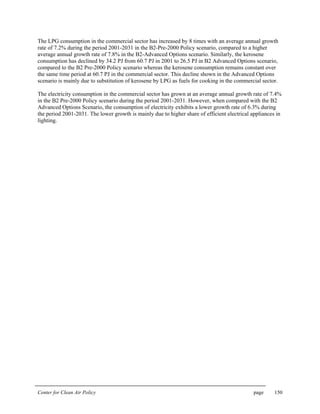 Center for Clean Air Policy page 150
The LPG consumption in the commercial sector has increased by 8 times with an average annual growth
rate of 7.2% during the period 2001-2031 in the B2-Pre-2000 Policy scenario, compared to a higher
average annual growth rate of 7.8% in the B2-Advanced Options scenario. Similarly, the kerosene
consumption has declined by 34.2 PJ from 60.7 PJ in 2001 to 26.5 PJ in B2 Advanced Options scenario,
compared to the B2 Pre-2000 Policy scenario whereas the kerosene consumption remains constant over
the same time period at 60.7 PJ in the commercial sector. This decline shown in the Advanced Options
scenario is mainly due to substitution of kerosene by LPG as fuels for cooking in the commercial sector.
The electricity consumption in the commercial sector has grown at an average annual growth rate of 7.4%
in the B2 Pre-2000 Policy scenario during the period 2001-2031. However, when compared with the B2
Advanced Options Scenario, the consumption of electricity exhibits a lower growth rate of 6.3% during
the period 2001-2031. The lower growth is mainly due to higher share of efficient electrical appliances in
lighting.
 