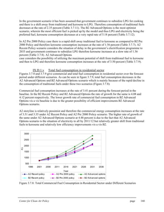 Center for Clean Air Policy page 160
In the government scenario it has been assumed that government continues to subsidize LPG for cooking
and there is a shift away from traditional and kerosene to LPG. Therefore consumption of traditional fuels
decreases at the rate of 2.35 percent (Table 3.7.11). The B2 Advanced Options is the most optimist
scenario, wherein the most efficient fuel is picked up by the model and thus LPG and electricity being the
preferred fuel, kerosene consumption decreases at a very rapid rate of 5.18 percent (Table 3.7.12).
In A2 Pre 2000 Policy case there is a rapid shift away traditional fuel to kerosene as compared to B2 Pre
2000 Policy and therefore kerosene consumption increases at the rate of 1.56 percent (Table 3.7.7). A2
Recent Policy scenario considers the situation of delay in the government’s electrification programme to
2035 and government continues to subsidize LPG therefore kerosene increases at a slow rate of 1.56
percent (Table 3.7.8). A2 Advanced Options
case considers the possibility of utilizing the maximum potential of shift from traditional fuel to kerosene
and then to LPG and therefore kerosene consumption increases at the rate of 3.50 percent (Table 3.7.9).
IX.D.1.v Total fuel consumption in residential sector
Figures 3.7.8 and 3.7.9 give commercial and total fuel consumption in residential sector over the forecast
period under different scenarios. As can be seen in figure 3.7.9, total fuel consumption decreases in the
A2 Advanced Options and B2 Advanced Options scenario which is mainly because of the rapid decline in
the consumption of traditional fuels under these two scenarios (Figure 3.7.8).
Commercial fuel consumption increases at the rate of 3.41 percent during the forecast period in the
baseline. In the B2 Recent Policy and B2 Advanced Options the rate of growth for the same is 4.08 and
4.12 percent respectively. The lower growth rate of commercial fuel consumption in B2 Advanced
Options vis a vis baseline is due to the greater possibility of efficient improvements B2 Advanced
Options scenario.
A2 storyline is relatively pessimist and therefore the commercial energy consumption increases at the rate
of 3.51 and 3.35 under A2 Recent Policy and A2 Pre 2000 Policy scenario. The higher rate of growth of
the same under A2 Advanced Options scenario at 4.48 percent is due to the fact that A2 Advanced
Options scenario is the situation of electricity to all by 2011/12 but relatively greater shift from traditional
fuels to kerosene and relatively low efficiency improvements vis a vis B2.
500
1000
1500
2000
2500
3000
1996 2001 2006 2011 2016 2021 2026 2031 2036
Year
PJ
A2 Recent policy A2 Pre 2000 policy A2 Advanced options
B2 Recent policy B2 Pre 2000 policy B2 Advanced options
Figure 3.7.8: Total Commercial Fuel Consumption in Residential Sector under Different Scenarios
 