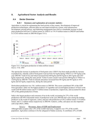 Center for Clean Air Policy page 164
X. Agricultural Sector Analysis and Results
X.A Sector Overview
X.A.1 Summary and explanation of economic statistics
Agriculture is crucial for maintaining the food security of the country. Development of improved
production technologies, efficient input use and improved delivery system, rural infrastructure
development, pricing policies, and marketing arrangements have led to a remarkable increase in food
grain production from just 51 million tonnes in 1950/51 to 174.19 million tonnes in 2002/03 and further
to 212.02 million tonnes in 2003/04 (Figure 3.8.1).
0
50
100
150
200
250
1950-51 1960-61 1970-71 1980-81 1990-91 2000-01 2002-03 2003-04
Year
Production(MT)
Rice Wheat Total Pulses
Nine Oilseeds Total Cereals Food grains
Figure 3.8.1: Food grain production in India (million tonnes)
Source: FAI, 2004
The spectacular increase in production of food grains since 1950/51 has been made possible by increase
in productivity, whereby yield of food grains went up from 522 kg/ha during 1950/51 to 1707 kg/ha in the
year 2003/04. Yield of rice and wheat increased from 668 kg/ha and 663 kg/ha to 2051 kg/ha and 2707
kg/ha respectively, during the same period. Yield of coarse cereals went up from 408 kg/ha in 1950/51 to
1228 kg/ha by 2003/04. Yield of oilseeds and pulses increased from 481 kg/ha and 441 kg/ha to 1072
kg/ha and 623 kg/ha, respectively, during the same period.
Horticulture production was 156.1 million tonnes in 2003/04. This sector contributed 30% of the GDP
from agriculture. India was the highest producer of vegetables and second highest producer of fruits in the
world with 90 million tonnes and 47.5 million tonnes of production, respectively, and accounted for about
10% of the global production of fruits.
India is the largest producer and consumer of tea in the world, accounting for 27% of the world
production with 850.5 thousands tonnes of production in the year 2003/04 and is also among the leading
producers in the world of sugarcane, cotton, and jute with production of 236.2 million tonnes 13.8 million
tonnes, and 11.2 million tonnes respectively in 2003/04. Cashews, coffee, and spices are also important
cash crops (MoA, 2004).
X.A.1.i Revenues, share of GDP and Employment
Although India occupies only 2.4% of the world's land area, it supports over 15% of the world's
population. Agriculture continues to be the safeguard of Indian economy. It contributes 25% of GDP,
 