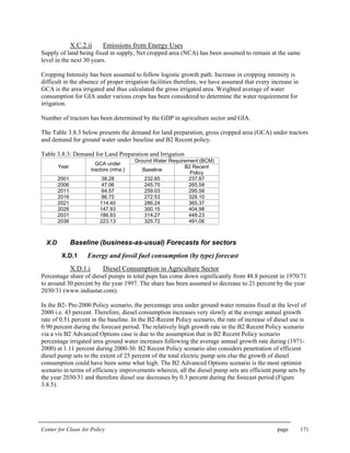 Center for Clean Air Policy page 171
X.C.2.ii Emissions from Energy Uses
Supply of land being fixed in supply, Net cropped area (NCA) has been assumed to remain at the same
level in the next 30 years.
Cropping Intensity has been assumed to follow logistic growth path. Increase in cropping intensity is
difficult in the absence of proper irrigation facilities therefore, we have assumed that every increase in
GCA is the area irrigated and thus calculated the gross irrigated area. Weighted average of water
consumption for GIA under various crops has been considered to determine the water requirement for
irrigation.
Number of tractors has been determined by the GDP in agriculture sector and GIA.
The Table 3.8.3 below presents the demand for land preparation, gross cropped area (GCA) under tractors
and demand for ground water under baseline and B2 Recent policy.
Table 3.8.3: Demand for Land Preparation and Irrigation
Ground Water Requirement (BCM)
Year
GCA under
tractors (mha.) Baseline
B2 Recent
Policy
2001 38.28 232.65 237.87
2006 47.06 245.75 265.58
2011 64.57 259.03 295.58
2016 86.75 272.53 329.10
2021 114.40 286.24 365.37
2026 147.93 300.15 404.98
2031 186.93 314.27 448.23
2036 223.13 325.72 491.06
X.D Baseline (business-as-usual) Forecasts for sectors
X.D.1 Energy and fossil fuel consumption (by type) forecast
X.D.1.i Diesel Consumption in Agriculture Sector
Percentage share of diesel pumps in total pups has come down significantly from 48.8 percent in 1970/71
to around 30 percent by the year 1997. The share has been assumed to decrease to 21 percent by the year
2030/31 (www.indiastat.com).
In the B2- Pre-2000 Policy scenario, the percentage area under ground water remains fixed at the level of
2000 i.e. 43 percent. Therefore, diesel consumption increases very slowly at the average annual growth
rate of 0.51 percent in the baseline. In the B2-Recent Policy scenario, the rate of increase of diesel use is
0.90 percent during the forecast period. The relatively high growth rate in the B2 Recent Policy scenario
via a vis B2 Advanced Options case is due to the assumption that in B2 Recent Policy scenario
percentage irrigated area ground water increases following the average annual growth rate during (1971-
2000) at 1.11 percent during 2000-30. B2 Recent Policy scenario also considers penetration of efficient
diesel pump sets to the extent of 25 percent of the total electric pump sets else the growth of diesel
consumption could have been some what high. The B2 Advanced Options scenario is the most optimist
scenario in terms of efficiency improvements wherein, all the diesel pump sets are efficient pump sets by
the year 2030/31 and therefore diesel use decreases by 0.3 percent during the forecast period (Figure
3.8.5).
 
