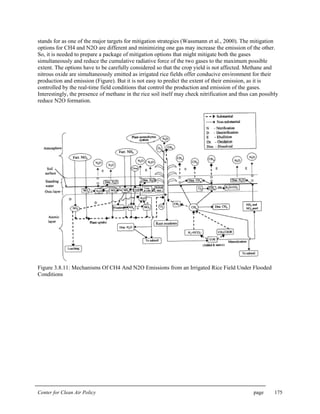 Center for Clean Air Policy page 175
stands for as one of the major targets for mitigation strategies (Wassmann et al., 2000). The mitigation
options for CH4 and N2O are different and minimizing one gas may increase the emission of the other.
So, it is needed to prepare a package of mitigation options that might mitigate both the gases
simultaneously and reduce the cumulative radiative force of the two gases to the maximum possible
extent. The options have to be carefully considered so that the crop yield is not affected. Methane and
nitrous oxide are simultaneously emitted as irrigated rice fields offer conducive environment for their
production and emission (Figure). But it is not easy to predict the extent of their emission, as it is
controlled by the real-time field conditions that control the production and emission of the gases.
Interestingly, the presence of methane in the rice soil itself may check nitrification and thus can possibly
reduce N2O formation.
Figure 3.8.11: Mechanisms Of CH4 And N2O Emissions from an Irrigated Rice Field Under Flooded
Conditions
 