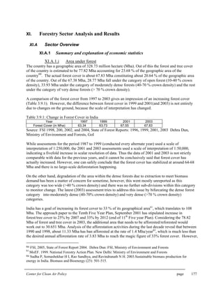Center for Clean Air Policy page 177
XI. Forestry Sector Analysis and Results
XI.A Sector Overview
XI.A.1 Summary and explanation of economic statistics
XI.A.1.i Area under forest
The country has a geographic area of 328.73 million hectare (Mha). Out of this the forest and tree cover
of the country is estimated to be 77.82 Mha accounting for 23.68 % of the geographic area of the
country
60
. The actual forest cover is about 67.83 Mha constituting about 20.64 % of the geographic area
of the country. Out of the 67.38 Mha, 28.77 Mha fall under the category of open forest (10-40 % crown
density), 33.93 Mha under the category of moderately dense forests (40-70 % crown density) and the rest
under the category of very dense forests (> 70 % crown density).
A comparison of the forest cover from 1997 to 2003 gives an impression of an increasing forest cover
(Table 3.9.1). However, the difference between forest cover in 1999 and 2001(and 2003) is not entirely
due to changes on the ground, because the scale of interpretation has changed.
Table 3.9.1: Change in Forest Cover in India
Year 1997 1999 2001 2003
Forest Cover (in Mha) 63.34 63.73 67.55 67.83
Source: FSI 1998, 200, 2002, and 2004, State of Forest Reports: 1996, 1999, 2001, 2003 Dehra Dun,
Ministry of Environment and Forests, GoI
While assessments for the period 1987 to 1999 (conducted every alternate year) used a scale of
interpretation of 1:250,000, the 2001 and 2003 assessments used a scale of interpretation of 1:50,000,
indicating a fivefold increase in scalar resolution of data. Thus the data of 2001 and 2003 is not strictly
comparable with data for the previous years, and it cannot be conclusively said that forest cover has
actually increased. However, one can safely conclude that the forest cover has stabilized at around 64-68
Mha and there is no large-scale deforestation happening.
On the other hand, degradation of the area within the dense forests due to extraction to meet biomass
demand has been a matter of concern for sometime, however, this went mostly unreported as this
category was too wide (>40 % crown density) and there was no further sub-divisions within this category
to monitor change. The latest (2003) assessment tries to address this issue by bifurcating the dense forest
category into moderately dense (40-70% crown density) and very dense (>70 % crown density)
categories.
India has a goal of increasing its forest cover to 33 % of its geographical area61
, which translates to 108
Mha. The approach paper to the Tenth Five Year Plan, September 2001 has stipulated increase in
forest/tree cover to 25% by 2007 and 33% by 2012 (end of 11th
Five year Plan). Considering the 78.82
Mha of forest and tree cover in 2003, the additional area that needs to be afforested/reforested would
work out to 30.651 Mha. Analysis of the afforestation activities during the last decade reveal that between
1990 and 1998, about 11.33 Mha has ban afforested at the rate of 1.4 Mha/year62
, which is much less than
the desired annual afforestation rate of 3.83 Mha to reach the magic figure of 33% forest cover. However,
60 FSI, 2005, State of Forest Report 2004. Dehra Dun: FSI, Ministry of Environment and Forests
61
MoEF. 1999. National Forestry Action Plan. New Delhi: Ministry of Environment and Forests
62 Sudha P, Somashekhar H I, Rao Sandhya, and Ravindranath N H. 2003.Sustainable biomass production for
energy in India. Biomass and Bioenergy (25): 501-515.
 