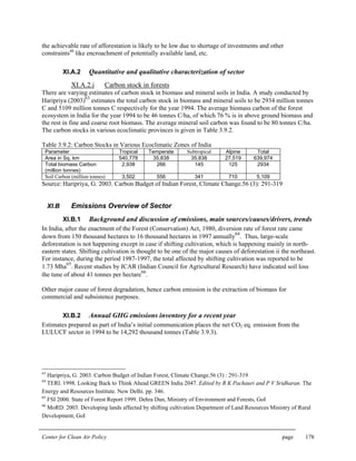 Center for Clean Air Policy page 178
the achievable rate of afforestation is likely to be low due to shortage of investments and other
constraints40
like encroachment of potentially available land, etc.
XI.A.2 Quantitative and qualitative characterization of sector
XI.A.2.i Carbon stock in forests
There are varying estimates of carbon stock in biomass and mineral soils in India. A study conducted by
Haripriya (2003)
63
estimates the total carbon stock in biomass and mineral soils to be 2934 million tonnes
C and 5109 million tonnes C respectively for the year 1994. The average biomass carbon of the forest
ecosystem in India for the year 1994 to be 46 tonnes C/ha, of which 76 % is in above ground biomass and
the rest in fine and coarse root biomass. The average mineral soil carbon was found to be 80 tonnes C/ha.
The carbon stocks in various ecoclimatic provinces is given in Table 3.9.2.
Table 3.9.2: Carbon Stocks in Various Ecoclimatic Zones of India
Parameter Tropical Temperate Subtropical Alpine Total
Area in Sq. km 540,778 35,838 35,838 27,519 639,974
Total biomass Carbon
(million tonnes)
2,938 266 145 125 2934
Soil Carbon (million tonnes) 3,502 556 341 710 5,109
Source: Haripriya, G. 2003. Carbon Budget of Indian Forest, Climate Change.56 (3): 291-319
XI.B Emissions Overview of Sector
XI.B.1 Background and discussion of emissions, main sources/causes/drivers, trends
In India, after the enactment of the Forest (Conservation) Act, 1980, diversion rate of forest rate came
down from 150 thousand hectares to 16 thousand hectares in 1997 annually
64
. Thus, large-scale
deforestation is not happening except in case if shifting cultivation, which is happening mainly in north-
eastern states. Shifting cultivation is thought to be one of the major causes of deforestation ii the northeast.
For instance, during the period 1987-1997, the total affected by shifting cultivation was reported to be
1.73 Mha
65
. Recent studies by ICAR (Indian Council for Agricultural Research) have indicated soil loss
the tune of about 41 tonnes per hectare
66
.
Other major cause of forest degradation, hence carbon emission is the extraction of biomass for
commercial and subsistence purposes.
XI.B.2 Annual GHG emissions inventory for a recent year
Estimates prepared as part of India’s initial communication places the net CO2 eq. emission from the
LULUCF sector in 1994 to be 14,292 thousand tonnes (Table 3.9.3).
63
Haripriya, G. 2003. Carbon Budget of Indian Forest, Climate Change.56 (3) : 291-319
64
TERI. 1998. Looking Back to Think Ahead GREEN India 2047. Edited by R K Pachauri and P V Sridharan. The
Energy and Resources Institute. New Delhi. pp. 346.
65
FSI 2000. State of Forest Report 1999. Dehra Dun, Ministry of Environment and Forests, GoI
66
MoRD. 2003. Developing lands affected by shifting cultivation Department of Land Resources Ministry of Rural
Development, GoI
 