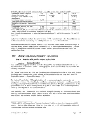 Center for Clean Air Policy page 179
Table 3.9.3: Inventory of GHG Emissions from LULUCF Sector in India for the Year 1994
GHG source and sink categories
(thousand tonnes per year)
CO2
emissions
CO2
removals
CH4 N2O CO2 eq.
emissions
Changes in forest and other woody
biomass stock
14,252 (14,252)
Forest and grassland conversion 17,987 17,987
Trace gases from biomass burning 6.5 0.04 150
Uptake from management of abandoned
lands
9,281 (92,81)
Emissions and removals from soils 19,688 19,688
Total (Net) Emission 37,675 23,533 6.5 0.04 14,292
Source: NATCOM, 200,.India’s Initial National Communication to the United Nations Framework Convention on
Climate Change. Ministry of Environment and Forests. New Delhi.
Note: CO2 equivalent are estimate by using GWP indexed multipliers of 21 and 310 for converting CH4 and N2O
respectively.
Methane and N2O emissions from this sector in terms of CO2 equivalent were 136.5 thousand tonnes and
12.4 thousands tonnes respectively. The net CO2 emission was 14,142 thousand tonnes.
It should be noted that the net removal figure of 14,252 thousands tonnes of CO2 because of changes in
forest and woody biomass stock is the net (in terms of CO2) of annual biomass increment of 77 million
tonnes -C and carbon release of 73.2 million tonnes -C due to commercial extraction of timber and
traditional wood use.
XI.C Background Assumptions for Sector Analysis
XI.C.1 Baseline with policies adopted before 2000
XI.C.1.i Policies Included
India has taken many policy initiatives to much before 2000 to prevent degradation of forests and to
prevent diversion of forests land for non –forestry purposes. Some such initiatives are discussed in the
following paragraphs.
The Forest (Conservation) Act, 1980 puts very stringent regulations on conversion of forest lands for non-
forestry purposes. As mentioned earlier, after the act the annual diversion rate came down from 150
thousand hectares to 16 thousand hectares in 1997.
The National Forest Policy, 1988 emphasised the role of peoples participation in protection and
management of forests. Following this, the Joint Forest Management (an incentive based mechanism for
involving people in protection of forests) was institutionalised in India through a guideline issued by the
government of India in 1990. Currently around 21.44 Mha of forest land is under joint management of
forests by forest department and local communities
67
.
Thus from early 1980’s the forests in India have been attempted to manage in a sustainable manner with
the active participation of local people. Hence, incase of India only B2 scenario has been identified and
under B2 only one mitigation scenario ahs been worked out.
67 MoEF and WII. 2005. Proceedings of National Consultative Workshop on Joint Forest Management (JFM),
edited by J Kishwan, R Pai, S Datta, and S Bose. New Delhi. India. July 14 - 15, 2005, Organized by Ministry of
Environment and Forests and Winrock International India.
 