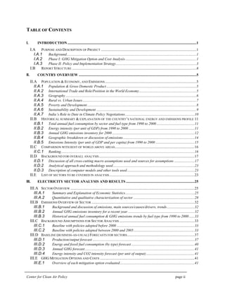 Center for Clean Air Policy page ii
TABLE OF CONTENTS
I. INTRODUCTION ...........................................................................................................................................1
I.A PURPOSE AND DESCRIPTION OF PROJECT .......................................................................................................1
I.A.1 Background............................................................................................................................................1
I.A.2 Phase I: GHG Mitigation Option and Cost Analysis.............................................................................1
I.A.3 Phase II. Policy and Implementation Strategy.......................................................................................3
I.B REPORT STRUCTURE ......................................................................................................................................4
II. COUNTRY OVERVIEW ...............................................................................................................................5
II.A POPULATION & ECONOMY, AND EMISSIONS...................................................................................................5
II.A.1 Population & Gross Domestic Product .................................................................................................5
II.A.2 International Trade and Role/Position in the World Economy..............................................................5
II.A.3 Geography .............................................................................................................................................6
II.A.4 Rural vs. Urban Issues...........................................................................................................................7
II.A.5 Poverty and Development......................................................................................................................8
II.A.6 Sustainability and Development ............................................................................................................9
II.A.7 India’s Role to Date in Climate Policy Negotiations...........................................................................10
II.B HISTORICAL SUMMARY & EXPLANATION OF THE COUNTRY’S NATIONAL ENERGY AND EMISSIONS PROFILE 11
II.B.1 Total annual fuel consumption by sector and fuel type from 1990 to 2000 .........................................11
II.B.2 Energy intensity (per unit of GDP) from 1990 to 2000 .......................................................................11
II.B.3 Annual GHG emissions inventory for 2000 .........................................................................................12
II.B.4 Geographic breakdown or discussion of emissions.............................................................................14
II.B.5 Emissions Intensity (per unit of GDP and per capita) from 1990 to 2000 ..........................................15
II.C COMPARISON WITH REST OF WORLD ABOVE AREAS......................................................................................16
II.C.1 Ranking................................................................................................................................................16
II.D BACKGROUND FOR OVERALL ANALYSIS.......................................................................................................17
II.D.1 Discussion of all cross-cutting macro assumptions used and sources for assumptions ......................17
II.D.2 Analytical approach and methodology used........................................................................................23
II.D.3 Description of computer models and other tools used.........................................................................23
II.E LIST OF SECTORS TO BE COVERED IN ANALYSIS............................................................................................23
III. ELECTRICITY SECTOR ANALYSIS AND RESULTS ..........................................................................25
III.A SECTOR OVERVIEW ......................................................................................................................................25
III.A.1 Summary and Explanation of Economic Statistics...........................................................................25
III.A.2 Quantitative and qualitative characterization of sector ..................................................................28
III.B EMISSIONS OVERVIEW OF SECTOR ...............................................................................................................32
III.B.1 Background and discussion of emissions, main sources/causes/drivers, trends..............................32
III.B.2 Annual GHG emissions inventory for a recent year ........................................................................32
III.B.3 Historical annual fuel consumption & GHG emissions trends by fuel type from 1990 to 2000......33
III.C BACKGROUND ASSUMPTIONS FOR SECTOR ANALYSIS .................................................................................33
III.C.1 Baseline with policies adopted before 2000 ....................................................................................33
III.C.2 Baseline with policies adopted between 2000 and 2005..................................................................33
III.D BASELINE (BUSINESS-AS-USUAL) FORECASTS FOR SECTORS.........................................................................37
III.D.1 Production/output forecast ..............................................................................................................37
III.D.2 Energy and fossil fuel consumption (by type) forecast ....................................................................40
III.D.3 Annual GHG forecast ......................................................................................................................41
III.D.4 Energy intensity and CO2 intensity forecast (per unit of output) ....................................................41
III.E GHG MITIGATION OPTIONS AND COSTS ......................................................................................................41
III.E.1 Overview of each mitigation option evaluated.................................................................................41
 