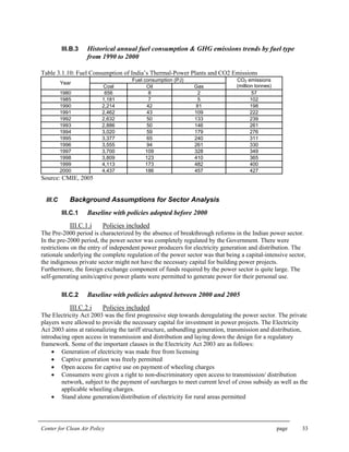 Center for Clean Air Policy page 33
III.B.3 Historical annual fuel consumption & GHG emissions trends by fuel type
from 1990 to 2000
Table 3.1.10: Fuel Consumption of India’s Thermal-Power Plants and CO2 Emissions
Fuel consumption (PJ)
Year
Coal Oil Gas
CO2 emissions
(million tonnes)
1980 656 8 2 57
1985 1,181 7 5 102
1990 2,214 42 81 198
1991 2,462 43 109 222
1992 2,632 50 133 239
1993 2,886 50 146 261
1994 3,020 59 179 276
1995 3,377 65 240 311
1996 3,555 94 261 330
1997 3,700 109 328 349
1998 3,809 123 410 365
1999 4,113 173 482 400
2000 4,437 186 457 427
Source: CMIE, 2005
III.C Background Assumptions for Sector Analysis
III.C.1 Baseline with policies adopted before 2000
III.C.1.i Policies included
The Pre-2000 period is characterized by the absence of breakthrough reforms in the Indian power sector.
In the pre-2000 period, the power sector was completely regulated by the Government. There were
restrictions on the entry of independent power producers for electricity generation and distribution. The
rationale underlying the complete regulation of the power sector was that being a capital-intensive sector,
the indigenous private sector might not have the necessary capital for building power projects.
Furthermore, the foreign exchange component of funds required by the power sector is quite large. The
self-generating units/captive power plants were permitted to generate power for their personal use.
III.C.2 Baseline with policies adopted between 2000 and 2005
III.C.2.i Policies included
The Electricity Act 2003 was the first progressive step towards deregulating the power sector. The private
players were allowed to provide the necessary capital for investment in power projects. The Electricity
Act 2003 aims at rationalizing the tariff structure, unbundling generation, transmission and distribution,
introducing open access in transmission and distribution and laying down the design for a regulatory
framework. Some of the important clauses in the Electricity Act 2003 are as follows:
• Generation of electricity was made free from licensing
• Captive generation was freely permitted
• Open access for captive use on payment of wheeling charges
• Consumers were given a right to non-discriminatory open access to transmission/ distribution
network, subject to the payment of surcharges to meet current level of cross subsidy as well as the
applicable wheeling charges.
• Stand alone generation/distribution of electricity for rural areas permitted
 