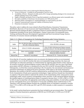 Center for Clean Air Policy page 34
The National Electricity Policy aims at achieving the following objectives:
• Access to Electricity - Available for all households in next five years
• Availability of Power - Demand to be fully met by 2012. Energy and peaking shortages to be overcome and
adequate spinning reserve to be available.
• Supply of Reliable and Quality Power of specified standards in an efficient manner and at reasonable rates.
• Per capita availability of electricity to be increased to over 1000 units by 2012.
• Minimum lifeline consumption of 1 unit/household/day as a merit good by year 2012.
• Financial Turnaround and Commercial Viability of Electricity Sector.
• Protection of consumers’ interests.
The policy seeks to address the issues related to Rural Electrification, Generation Transmission,
Distribution, Recovery of Cost of services and Targeted Subsidies, Technology Development and
Research and Development (R &D), Competition aimed at Consumer Benefits Financing Power Sector
Programmes Including Private Sector Participation., Energy Conservation, Environmental Issues,
Training and Human Resource Development Cogeneration and Non-Conventional Energy Sources,
Protection of Consumer interests and Quality Standards
Table 3.1.11: Matrix of Assumptions for Technology Penetration under Various Scenarios
A2 B2
Hydro
25 to 35 GW (Pre-2000 and Recent Policy );
25 to 85 in Advanced Options
25 to 150 GW in all cases
Nuclear 2.8 to 21.18 GW in all scenarios
2.8 to 70 GW in B2-Advanced Options scenario
and from 2.8 to 21.18 in the rest of the scenarios
Coal
Clean coal technologies penetration
restricted
All Clean coal technologies are allowed in B2-
Advanced Options Scenario
Natural Gas Normal GT only allowed Advanced GT (H – Frame) are allowed
Given that the A2 storyline emphasizes more on economic development and less on environmental
sustainability vis-à-vis the B2 storyline (the more environmentally benign storyline), the clean-coal
technologies are allowed to penetrate in a limited manner by imposing upper bounds on their capacity in
all scenarios except the Advanced Options scenario under the B2 storyline. One new type of gas-based
power plant with 60% efficiency is introduced by the year 2016 in the B2 Advanced Options Scenario.
Subsequently, in all the three scenarios pertaining to the A2 storyline, the conventional coal-based power
generation technologies are deployed for power generation. With respect to the hydro based power
generation, the scenarios of the B2 world are characterized by accelerated (close to the estimated potential)
levels of penetration of hydro power generation technologies. Upper and lower bounds have been placed
on capacity of the power plants to represent the realistic levels of penetration of the various power sector
technologies under various scenarios corresponding to these storylines. In B2-Advanced Options Scenario,
the installed capacity of wind-based power plants is assumed to increase from 1.6 GW in 2001 to 12 GW
in 2036. It may be noted that with appropriate wind turbine siting and availability of wind turbine suitable
for low wind speeds (lower cut in wind speed 3.5 m/sec) the availability factor could increase to 35%.
Therefore, in B2 Advanced Options Scenario the availability factor of wind plant is assumed to increase
from 17.5% in 2001 to 26% in the year 2011 and 35% 2016 onwards, in other scenarios it is assumed as
constant.
In the model, nuclear-based power generation has been included as per government plans. The installed
capacity of nuclear-based power generation in 2001/02 was 2.8 GW and is 3.3 GW as on 31/01/0627
.
27
Ministry of Power, Government of India
 