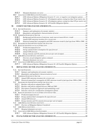 Center for Clean Air Policy page iii
III.E.2 Marginal abatement cost curve .......................................................................................................46
III.F ANALYSIS OF GHG MITIGATION SCENARIOS ...............................................................................................49
III.F.1 GHG Advanced Options (Mitigation) Scenario #1: zero- or negative-cost mitigation options.......49
III.F.2 GHG Advanced Options Scenario #2: All mitigation options costing less than $5 per metric ton..50
III.F.3 GHG Advanced Options Scenario #3: All mitigation options costing less than $10 per metric ton52
III.F.4 GHG Advanced Options Scenario #4: All Feasible Mitigation Options .........................................53
IV. CEMENT SECTOR ANALYSIS AND RESULTS.....................................................................................57
IV.A SECTOR OVERVIEW ......................................................................................................................................57
IV.A.1 Summary and explanation of economic statistics ............................................................................57
IV.A.2 Quantitative and qualitative characterization of sector ..................................................................59
IV.B EMISSIONS OVERVIEW OF SECTOR ...............................................................................................................63
IV.B.1 Background and discussion of emissions, main sources/causes/drivers, trends..............................63
IV.B.2 Annual GHG emissions inventory for a recent year ........................................................................63
IV.B.3 Historical annual fuel consumption and GHG emissions trends by fuel type from 1990 to 2000 ...63
IV.C BACKGROUND ASSUMPTIONS FOR SECTOR ANALYSIS .................................................................................64
IV.D BASELINE (BUSINESS-AS-USUAL) FORECASTS ..............................................................................................66
IV.D.1 Production/output forecast ..............................................................................................................66
IV.D.2 Energy and fossil fuel consumption (by type) forecast ....................................................................67
IV.D.3 Annual GHG forecast ......................................................................................................................68
IV.D.4 Energy intensity and CO2 intensity forecast (per unit of output).....................................................68
IV.E GHG MITIGATION OPTIONS AND COSTS ......................................................................................................69
IV.E.1 Overview of each mitigation option evaluated.................................................................................69
IV.E.2 Marginal abatement cost curve .......................................................................................................69
IV.F ANALYSIS OF GHG MITIGATION SCENARIOS ...............................................................................................71
IV.F.1 GHG Advanced Options (Mitigation) Scenario #4: All Feasible Mitigation Options.....................71
V. IRON & STEEL SECTOR ANALYSIS AND RESULTS..........................................................................73
V.A SECTOR OVERVIEW ......................................................................................................................................73
V.A.1 Summary and explanation of economic statistics ................................................................................73
V.A.2 Quantitative and qualitative characterization of sector ......................................................................78
V.B EMISSIONS OVERVIEW OF SECTOR ...............................................................................................................79
V.B.1 Annual GHG emissions inventory for a recent year............................................................................79
V.B.2 Historical annual fuel consumption & GHG emissions trends by fuel type from 1990 to 2000..........79
V.C BACKGROUND ASSUMPTIONS FOR SECTOR ANALYSIS .................................................................................81
V.C.1 Baseline with policies adopted before 2000 ........................................................................................81
V.C.2 Baseline with policies adopted between 2000 and 2005......................................................................81
V.C.3 Description of analytical approach and methodology used.................................................................82
V.C.4 Selection criteria for consideration of mitigation options ...................................................................83
V.D BASELINE (BUSINESS-AS-USUAL) FORECASTS FOR SECTORS.........................................................................83
V.D.1 Production/output forecast ..................................................................................................................83
V.D.2 Energy and fossil fuel consumption (by type) forecast ........................................................................84
V.D.3 Annual GHG forecast ..........................................................................................................................86
V.D.4 Energy intensity and CO2 intensity forecast (per unit of output).........................................................86
V.E GHG MITIGATION OPTIONS AND COSTS ......................................................................................................87
V.E.1 Overview of Mitigation Options Considered .......................................................................................87
V.F GHG MITIGATION COSTS.............................................................................................................................89
V.F.1 Marginal abatement cost curve ...........................................................................................................89
V.G ANALYSIS OF GHG MITIGATION SCENARIOS ...............................................................................................91
V.G.1 GHG Advanced Options (Mitigation) Scenario #4: All Feasible Mitigation Options.....................91
VI. PULP & PAPER SECTOR ANALYSIS AND RESULTS .........................................................................93
 