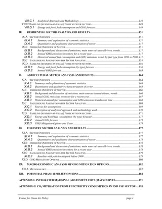 Center for Clean Air Policy page v
VIII.C.1 Analytical Approach and Methodology .........................................................................................146
VIII.DBASELINE (BUSINESS-AS-USUAL) FORECASTS FOR SECTORS.......................................................................149
VIII.D.1 Energy and fossil fuel consumption and GHG forecast.................................................................149
IX. RESIDENTIAL SECTOR ANALYSIS AND RESULTS.........................................................................151
IX.A SECTOR OVERVIEW ....................................................................................................................................151
IX.A.1 Summary and explanation of economic statistics ..........................................................................151
IX.A.2 Quantitative and qualitative characterization of sector ................................................................151
IX.B EMISSIONS OVERVIEW OF SECTOR .............................................................................................................151
IX.B.1 Background and discussion of emissions, main sources/causes/drivers, trends............................151
IX.B.2 Annual GHG emissions inventory for a recent year ......................................................................151
IX.B.3 Historical annual fuel consumption and GHG emissions trends by fuel type from 1990 to 2000 .151
IX.C BACKGROUND ASSUMPTIONS FOR SECTOR ANALYSIS ...............................................................................155
IX.D BASELINE (BUSINESS-AS-USUAL) FORECASTS FOR SECTORS.......................................................................156
IX.D.1 Energy and fossil fuel consumption (by type) forecast ..................................................................156
IX.D.2 Annual GHG forecast ....................................................................................................................163
X. AGRICULTURAL SECTOR ANALYSIS AND RESULTS ...................................................................164
X.A SECTOR OVERVIEW ....................................................................................................................................164
X.A.1 Summary and explanation of economic statistics ..............................................................................164
X.A.2 Quantitative and qualitative characterization of sector ....................................................................165
X.B EMISSIONS OVERVIEW OF SECTOR .............................................................................................................166
X.B.1 Background and discussion of emissions, main sources/causes/drivers, trends................................166
X.B.2 Annual GHG emissions inventory for a recent year..........................................................................167
X.B.3 Historical annual fuel consumption and GHG emissions trends over time.......................................168
X.C BACKGROUND ASSUMPTIONS FOR SECTOR ANALYSIS ...............................................................................169
X.C.1 Sources for assumptions ....................................................................................................................169
X.C.2 Description of analytical approach and methodology used...............................................................170
X.D BASELINE (BUSINESS-AS-USUAL) FORECASTS FOR SECTORS.......................................................................171
X.D.1 Energy and fossil fuel consumption (by type) forecast ......................................................................171
X.D.2 Annual GHG forecast ........................................................................................................................173
X.D.3 GHG Mitigation Options and Costs ..................................................................................................174
XI. FORESTRY SECTOR ANALYSIS AND RESULTS ..............................................................................177
XI.A SECTOR OVERVIEW ....................................................................................................................................177
XI.A.1 Summary and explanation of economic statistics ..........................................................................177
XI.A.2 Quantitative and qualitative characterization of sector ................................................................178
XI.B EMISSIONS OVERVIEW OF SECTOR .............................................................................................................178
XI.B.1 Background and discussion of emissions, main sources/causes/drivers, trends............................178
XI.B.2 Annual GHG emissions inventory for a recent year ......................................................................178
XI.C BACKGROUND ASSUMPTIONS FOR SECTOR ANALYSIS ...............................................................................179
XI.C.1 Baseline with policies adopted before 2000 ..................................................................................179
XI.D GHG MITIGATION OPTIONS .......................................................................................................................180
XII. MACRO-ECONOMIC ANALYSIS OF GHG MITIGATION OPTIONS ............................................182
XII.A METHODOLOGY..........................................................................................................................................182
XIII. POTENTIAL PHASE II POLICY OPTIONS..........................................................................................184
APPENDIX I: INTEGRATED MARGINAL ABATEMENT COST (MAC) CURVES...................................191
APPENDIX-II CO2 MITIGATION FROM ELECTRICITY CONSUMPTION IN END USE SECTOR ....193
 