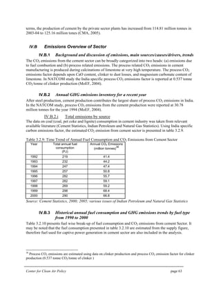 Center for Clean Air Policy page 63
terms, the production of cement by the private sector plants has increased from 114.81 million tonnes in
2003-04 to 125.16 million tones (CMA, 2005).
IV.B Emissions Overview of Sector
IV.B.1 Background and discussion of emissions, main sources/causes/drivers, trends
The CO2 emissions from the cement sector can be broadly categorized into two heads: (a) emissions due
to fuel combustion and (b) process related emissions. The process related CO2 emissions in cement
manufacturing is produced during calcinations of limestone at very high temperature. The process CO2
emissions factor depends upon CaO content, clinker to dust losses, and magnesium carbonate content of
limestone. In NATCOM study the India specific process CO2 emissions factor is reported at 0.537 tonne
CO2/tonne of clinker production (MoEF, 2004).
IV.B.2 Annual GHG emissions inventory for a recent year
After steel production, cement production contributes the largest share of process CO2 emissions in India.
In the NATCOM study, process CO2 emissions from the cement production were reported at 30.78
million tonnes for the year 1994 (MoEF, 2004).
IV.B.2.i Total emissions by source
The data on coal (coal, pet coke and lignite) consumption in cement industry was taken from relevant
available literature (Cement Statistics, Indian Petroleum and Natural Gas Statistics). Using India specific
carbon emissions factor, the estimated CO2 emission from cement sector is presented in table 3.2.9.
Table 3.2.9: Time Trend of Annual Fuel Consumption and CO2 Emissions from Cement Sector
Year Total annual fuel
consumption
(PJ)
Annual CO2 Emissions
(million tonnes)
36
1992 219 41.4
1993 232 44.2
1994 247 47.4
1995 257 50.8
1996 282 55.7
1997 282 59.1
1998 269 59.2
1999 298 68.4
2000 290 66.8
Source: Cement Statistics, 2000; 2005; various issues of Indian Petroleum and Natural Gas Statistics
IV.B.3 Historical annual fuel consumption and GHG emissions trends by fuel type
from 1990 to 2000
Table 3.2.10 presents fuel wise break-up of fuel consumption and CO2 emissions from cement Sector. It
may be noted that the fuel consumption presented in table 3.2.10 are estimated from the supply figure,
therefore fuel used for captive power generation in cement sector are also included in the analysis.
36
Process CO2 emissions are estimated using data on clinker production and process CO2 emission factor for clinker
production (0.537 tonne CO2/tonne of clinker )
 