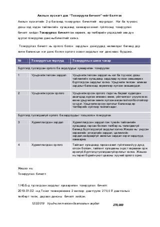 Ажлын хүснэгт дэх “Тохируула бичилт”-ийг бэлтгэх
Ажлын хүснэгтийн 2-р баганад тохируулах бичилтийг харуулдаг. Нэг ба түүнээс
дээш хэд хэдэн тайлангийн хугацаанд хамаарах ажил гүйлгээнд тохируулах
бичилт хийдэг.Тохируулах бичилт гэж хөрөнгө, өр төлбөрийн үлдэгдлийг зөв дүн
хүртэл тохируулах дансны бичилтийг хэлнэ.
Тохируулах бичилт нь орлого болон зардлын дансуудад нөлөөлдөг бөгөөд дор
хаяж балансын нэг данс болон орлого эсвэл зардлын нэг данснаас бүрдэнэ.
№ Тохируулгын төрлүүд Тохируулгын шинж чанар
Бүртгэлд тусгагдсан орлого ба зардлуудыг хуваарилан тохируулах
1 Урьдчилж төлсөн зардал Урьдчилж төлсөн зардал нь нэг ба түүнээс дээш
тайлангийн хугацаанд зардлаар хүлээн зөвшөөрөх
бүртгэгдсэн зардлыг хэлнэ. Урьдчилж төлсөн аливаа
зардлыг балансад хөрөнгөөр хүлээн зөвшөөрдөг.
2 Урьдчилж орсон орлого Урьдчилж орсон орлого гэдэг нь барааг худалдан
авагчдад хүргэж өгөхөөс өмнө, үйлчилгээг үзүүлэхээс
өмнө урьдчилан мөнгө хүлээн авсантай холбоотойгоор
үүсдэг. Урьдчилжорсон орлогыг балансад өр
төлбөрийн зүйлээр тайлагнадаг.
Бүртгэлд тусгагдаагүй орлого ба зардлуудыг тооцоолон тохируулах
3 Хуримтлагдсан зардал Хуримтлагдсан зардал гэж тухайн тайлангийн
хугацаанд гарсан боловч төлбөр нь төлөгдөөгүй
бөгөөд бүртгэгдээгүй зардлыг хэлнэ.Жишээ нь: үндсэн
хөрөнгийн элэгдлийн зардал, цалингийн
зардал,найдваргүй авлагын зардал зэрэг зардлууд
хамаарна.
4 Хуримтлагдсан орлого Тайлант хугацаанд гарсан ажил гүйлгээний үр дүнд
олсон боловч, тайлант хугацааны эцэст хараахан орж
ирээгүй,бүртгэлд тусгагдаагүй орлогыг хэлнэ. Жишээ
нь төрөл бүрийн үнэт цаасны хүүний орлого орно.
Жишээ нь:
Тохируулах бичилт:
1.НББ-д тусгагдсан зардлыг хуваарилан тохируулах бичилт:
2019.01.02 –нд Тоног төхөөрөмжөө 2 жилээр даатгуулж 270,0 ₮ даатгалын
төлбөрт төлж, дараах дансны бичилт хийсэн.
12/2/2019 Урьдчилж төлсөн даатгалын зардал
270,000
 