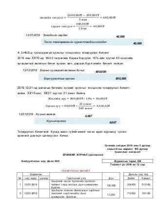 жилийн элэгдэл =
2,600,000₮ − 200,000₮
5 жил
= 480,000₮
сарын элэгдэл =
480,000₮
12сар
= 40,000₮
12/31/2019 Элэгдлийн зардал
40,000
Тоног төхөөрөмжийн хуримтлагдсан элэгдэл
40,000
4. 3.НББ-д тусгагдаагүй орлогыг тооцоолон тохируулах бичилт:
2019 оны XII/10-нд 800,0 төгрөгийн бараа боруулж 10%-ийн хүүтэй 60 хоногийн
хугацаатай авлагын бичиг хүлээн авч, дараах бүртгэлийн бичилт хийсэн.
12/10/2019 Богино хугацаат авлагын бичиг
800,000
Борлуулалтын орлого 800,000
2019.12.31-нд авлагын бичгийн хүүний орлогыг тооцоолж тохируулах бичилт
хийнэ. XII/10-аас XII/31 хүртэл 21 хоног байна.
Жилийн хүү = 800,000₮ ∗ 10% = 80,000₮
Сарын хүү = 80,000₮ ∗
21 хоног
360 хоног
= 4,666.66₮
12/31/2019 Хүүний авлага
4,667
Хүүний орлого
4,667
Тохируулах бичилтийг бусад ажил гүйлйгээний нэгэн адил журналд тусган
ерөнхий дэвтэрт шилжүүлэн бичнэ.
Сангийн сайдын 2018 оны 5 дугаар
сарын 8-ны өдрийн 100 дугаар
тушаалын хавсралт
ЕРӨНХИЙ ЖУРНАЛ (үргэлжлэл)
Байгууллагын нэр: Даян ХХК Журналын төрөл ЕЖ
Тайлант үе: 2019 он 12 сар
ТОХИРУУЛАХ БИЧИЛТ
№
Баримтын
Гүйлгээний утга Дүн
Дансны нэр, код
сар, өдөр дугаар Дебет Кредит
1 12/31/2019
Урьдчилж орсон түрээсийн орлогоос
тайлант сард ноогдох дүнг хуваарилан
бүртгэв.
100,000
334100 513100
2 12/31/2019
Урьдчилж төлсөн даатгалын зардлаас
тайлант сард ноогдох дүнг
хуваарилан бүртгэв.
11,250
710100 181100
 