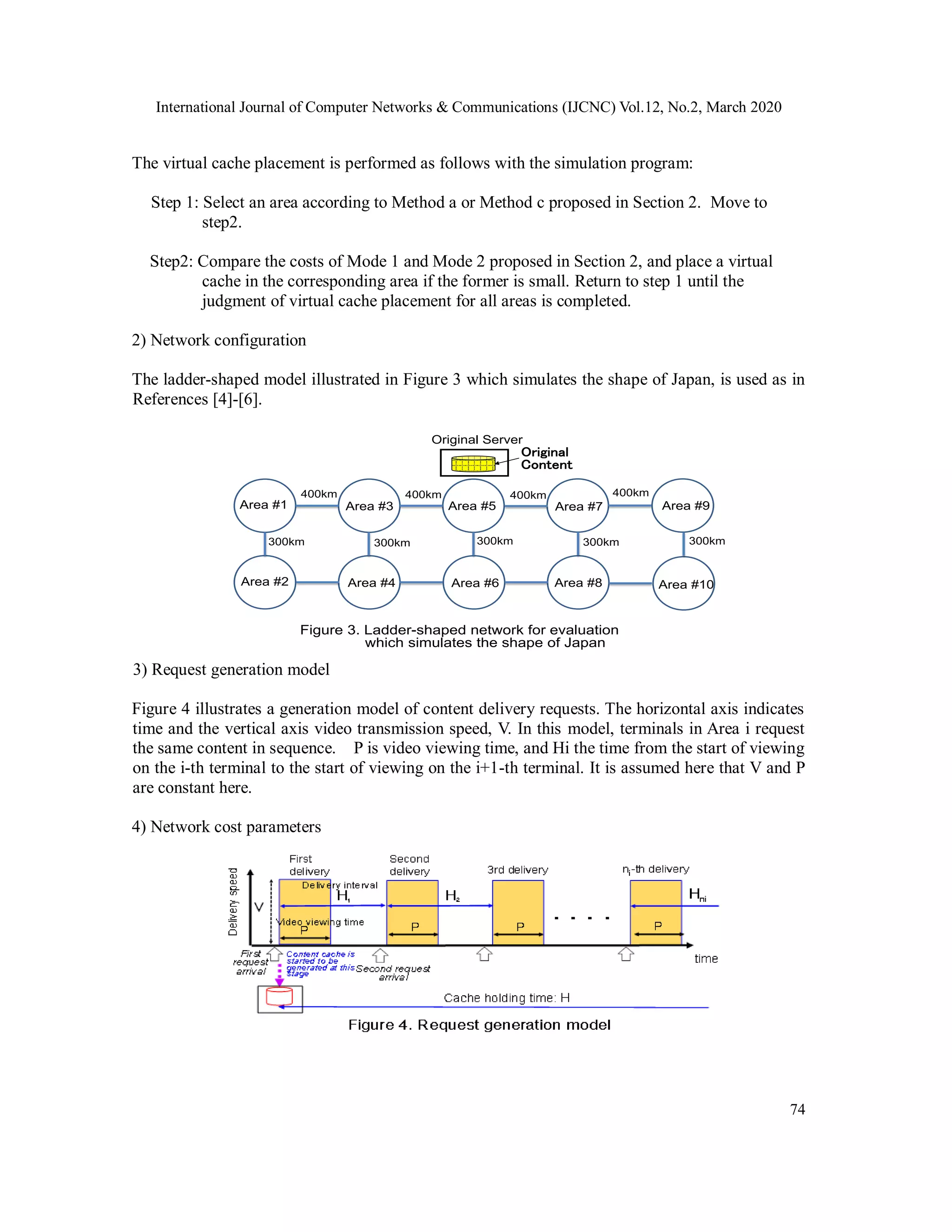 International Journal of Computer Networks & Communications (IJCNC) Vol.12, No.2, March 2020
74
The virtual cache placement is performed as follows with the simulation program:
Step 1: Select an area according to Method a or Method c proposed in Section 2. Move to
step2.
Step2: Compare the costs of Mode 1 and Mode 2 proposed in Section 2, and place a virtual
cache in the corresponding area if the former is small. Return to step 1 until the
judgment of virtual cache placement for all areas is completed.
2) Network configuration
The ladder-shaped model illustrated in Figure 3 which simulates the shape of Japan, is used as in
References [4]-[6].
3) Request generation model
Figure 4 illustrates a generation model of content delivery requests. The horizontal axis indicates
time and the vertical axis video transmission speed, V. In this model, terminals in Area i request
the same content in sequence. P is video viewing time, and Hi the time from the start of viewing
on the i-th terminal to the start of viewing on the i+1-th terminal. It is assumed here that V and P
are constant here.
4) Network cost parameters
Figure 3. Ladder-shaped network for evaluation
which simulates the shape of Japan
400km 400km 400km 400km
Area #1 Area #3 Area #5 Area #7 Area #9
300km 300km300km300km300km
Area #2 Area #4 Area #6 Area #8 Area #10
Original Server
Original
Content
 
