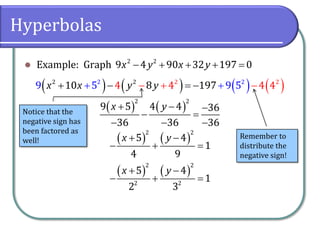 Hyperbolas
⚫ Example: Graph − + + + =2 2
9 4 90 32 197 0x y x y
( ) ( ) ( ) ( )++ − =+ +−− −22 2 22 2
9 10 8 1975 9 54 4 4 4x x y y
( ) ( )+ − −
− =
− − −
2 2
9 5 4 4 36
36 36 36
x y
( ) ( )+ −
− + =
2 2
5 4
1
4 9
x y
( ) ( )+ −
− + =
2 2
2 2
5 4
1
2 3
x y
Notice that the
negative sign has
been factored as
well!
Remember to
distribute the
negative sign!
 