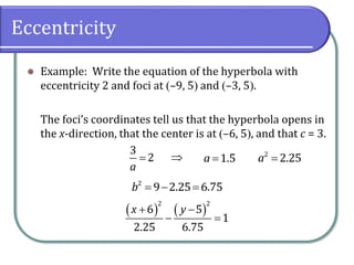 Eccentricity
⚫ Example: Write the equation of the hyperbola with
eccentricity 2 and foci at (–9, 5) and (–3, 5).
The foci’s coordinates tell us that the hyperbola opens in
the x-direction, that the center is at (–6, 5), and that c = 3.
=
3
2
a
 =1.5a
= − =2
9 2.25 6.75b
=2
2.25a
( ) ( )+ −
− =
2 2
6 5
1
2.25 6.75
x y
 