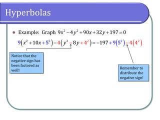 Hyperbolas
⚫ Example: Graph − + + + =2 2
9 4 90 32 197 0x y x y
( ) ( ) ( ) ( )++ − =+ +−− −22 2 22 2
9 10 8 1975 9 54 4 4 4x x y y
Notice that the
negative sign has
been factored as
well!
Remember to
distribute the
negative sign!
 