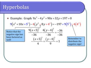Hyperbolas
⚫ Example: Graph − + + + =2 2
9 4 90 32 197 0x y x y
( ) ( ) ( ) ( )++ − =+ +−− −22 2 22 2
9 10 8 1975 9 54 4 4 4x x y y
( ) ( )+ − −
− =
− − −
2 2
9 5 4 4 36
36 36 36
x y
( ) ( )+ −
− + =
2 2
5 4
1
4 9
x y
Notice that the
negative sign has
been factored as
well!
Remember to
distribute the
negative sign!
 