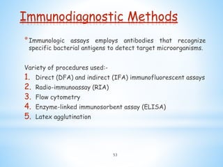 Immunodiagnostic Methods
*Immunologic assays employs antibodies that recognize
specific bacterial antigens to detect target microorganisms.
Variety of procedures used:-
1. Direct (DFA) and indirect (IFA) immunofluorescent assays
2. Radio-immunoassay (RIA)
3. Flow cytometry
4. Enzyme-linked immunosorbent assay (ELISA)
5. Latex agglutination
53
 