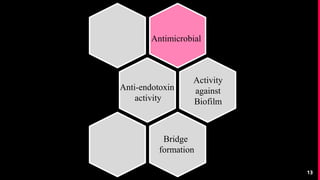13
Antimicrobial
Anti-endotoxin
activity
Bridge
formation
Activity
against
Biofilm
 