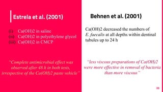 Estrela et al. (2001)
33
(i) Ca(OH)2 in saline
(ii) Ca(OH)2 in polyethylene glycol
(iii) Ca(OH)2 in CMCP
“Complete antimicrobial effect was
observed after 48 h in both tests,
irrespective of the Ca(OH)2 paste vehicle”
Behnen et al. (2001)
Ca(OH)2 decreased the numbers of
E. faecalis at all depths within dentinal
tubules up to 24 h
“less viscous preparations of Ca(OH)2
were more effective in removal of bacteria
than more viscous”
 