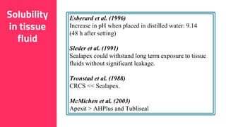 60
Solubility
in tissue
fluid
Esberard et al. (1996)
Increase in pH when placed in distilled water: 9.14
(48 h after setting)
Sleder et al. (1991)
Sealapex could withstand long term exposure to tissue
fluids without significant leakage.
Tronstad et al. (1988)
CRCS << Sealapex.
McMichen et al. (2003)
Apexit > AHPlus and Tubliseal
 
