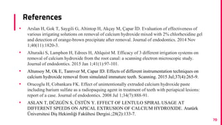 References
70
▪ Arslan H, Gok T, Saygili G, Altintop H, Akçay M, Çapar İD. Evaluation of effectiveness of
various irrigating solutions on removal of calcium hydroxide mixed with 2% chlorhexidine gel
and detection of orange-brown precipitate after removal. Journal of endodontics. 2014 Nov
1;40(11):1820-3.
▪ Alturaiki S, Lamphon H, Edrees H, Ahlquist M. Efficacy of 3 different irrigation systems on
removal of calcium hydroxide from the root canal: a scanning electron microscopic study.
Journal of endodontics. 2015 Jan 1;41(1):97-101.
▪ Altunsoy M, Ok E, Tanrıver M, Capar ID. Effects of different instrumentation techniques on
calcium hydroxide removal from simulated immature teeth. Scanning. 2015 Jul;37(4):265-9.
▪ Orucoglu H, Cobankara FK. Effect of unintentionally extruded calcium hydroxide paste
including barium sulfate as a radiopaquing agent in treatment of teeth with periapical lesions:
report of a case. Journal of endodontics. 2008 Jul 1;34(7):888-91.
▪ ASLAN T, DÜZGÜN S, ÜSTÜN Y. EFFECT OF LENTULO SPIRAL USAGE AT
DIFFERENT SPEEDS ON APICAL EXTRUSION OF CALCIUM HYDROXIDE. Atatürk
Üniversitesi Diş Hekimliği Fakültesi Dergisi.;28(2):133-7.
 