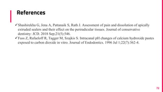 References
72
Shashirekha G, Jena A, Pattanaik S, Rath J. Assessment of pain and dissolution of apically
extruded sealers and their effect on the periradicular tissues. Journal of conservative
dentistry: JCD. 2018 Sep;21(5):546.
Fuss Z, Rafaeloff R, Tagger M, Szajkis S. Intracanal pH changes of calcium hydroxide pastes
exposed to carbon dioxide in vitro. Journal of Endodontics. 1996 Jul 1;22(7):362-4.
 